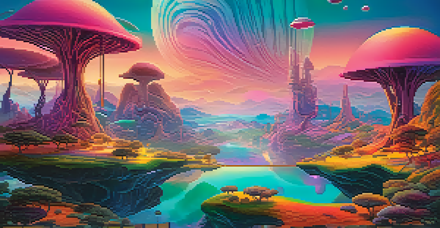 A vibrant digital artwork depicting a surreal futuristic landscape with abstract shapes and glowing colors.