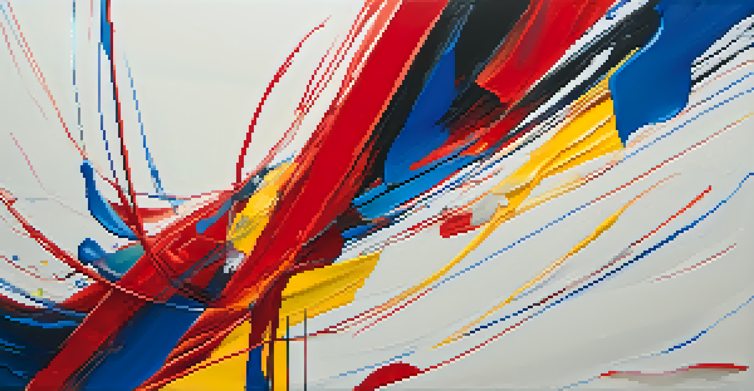 An abstract painting featuring bold strokes of red, blue, and yellow on a textured canvas, conveying energy and emotion.