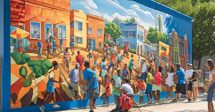 A colorful community mural with diverse people painting together in an urban setting, surrounded by greenery under a blue sky.