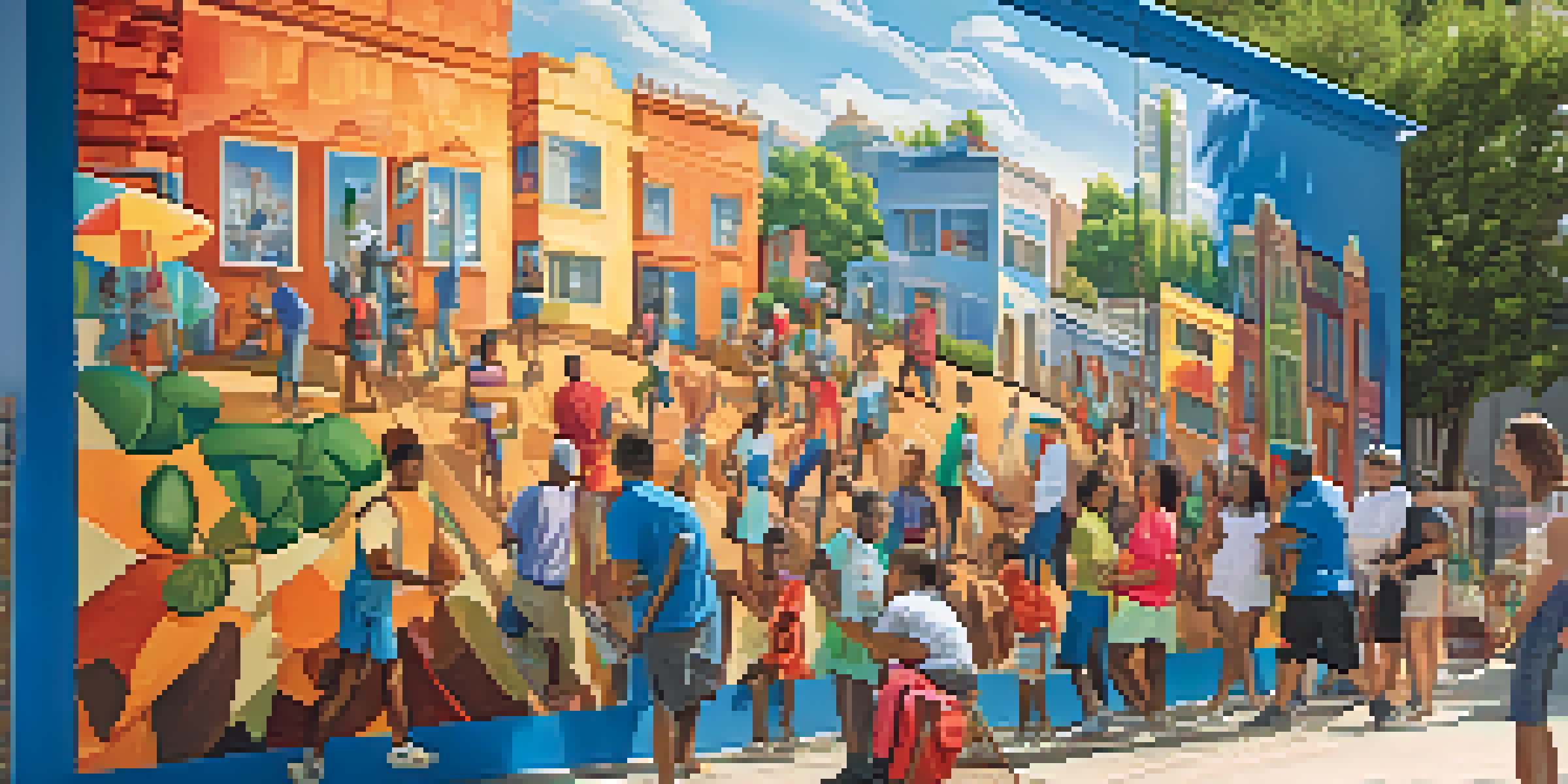 A colorful community mural with diverse people painting together in an urban setting, surrounded by greenery under a blue sky.