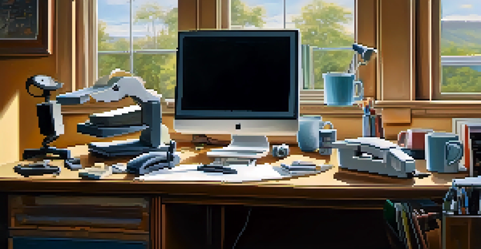 An office desk with googly eyes attached to everyday items like a stapler and coffee mug, creating a lighthearted and funny scene.
