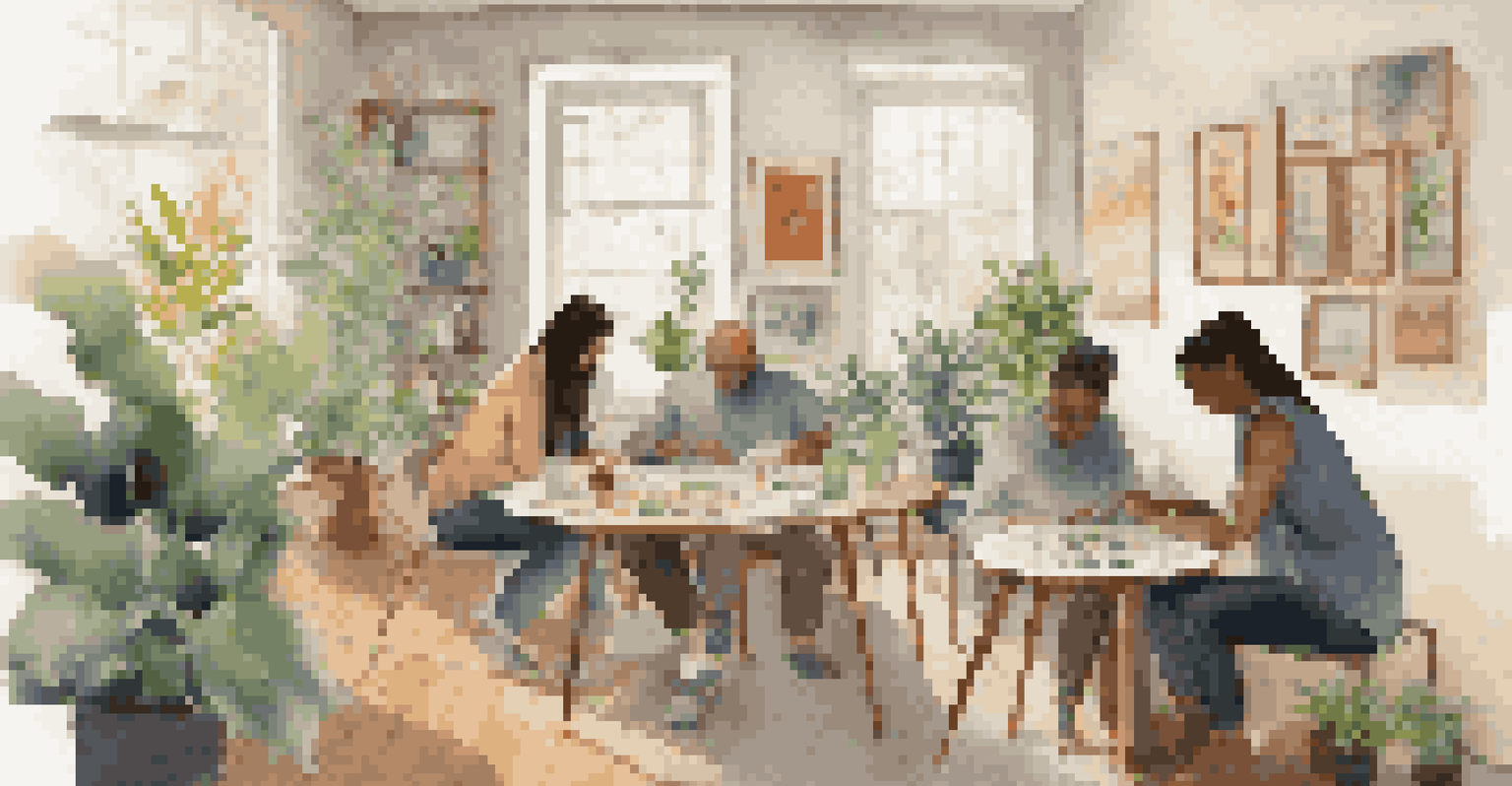 A cozy art therapy session with diverse individuals creating art and discussing their work in a warm, inviting room.
