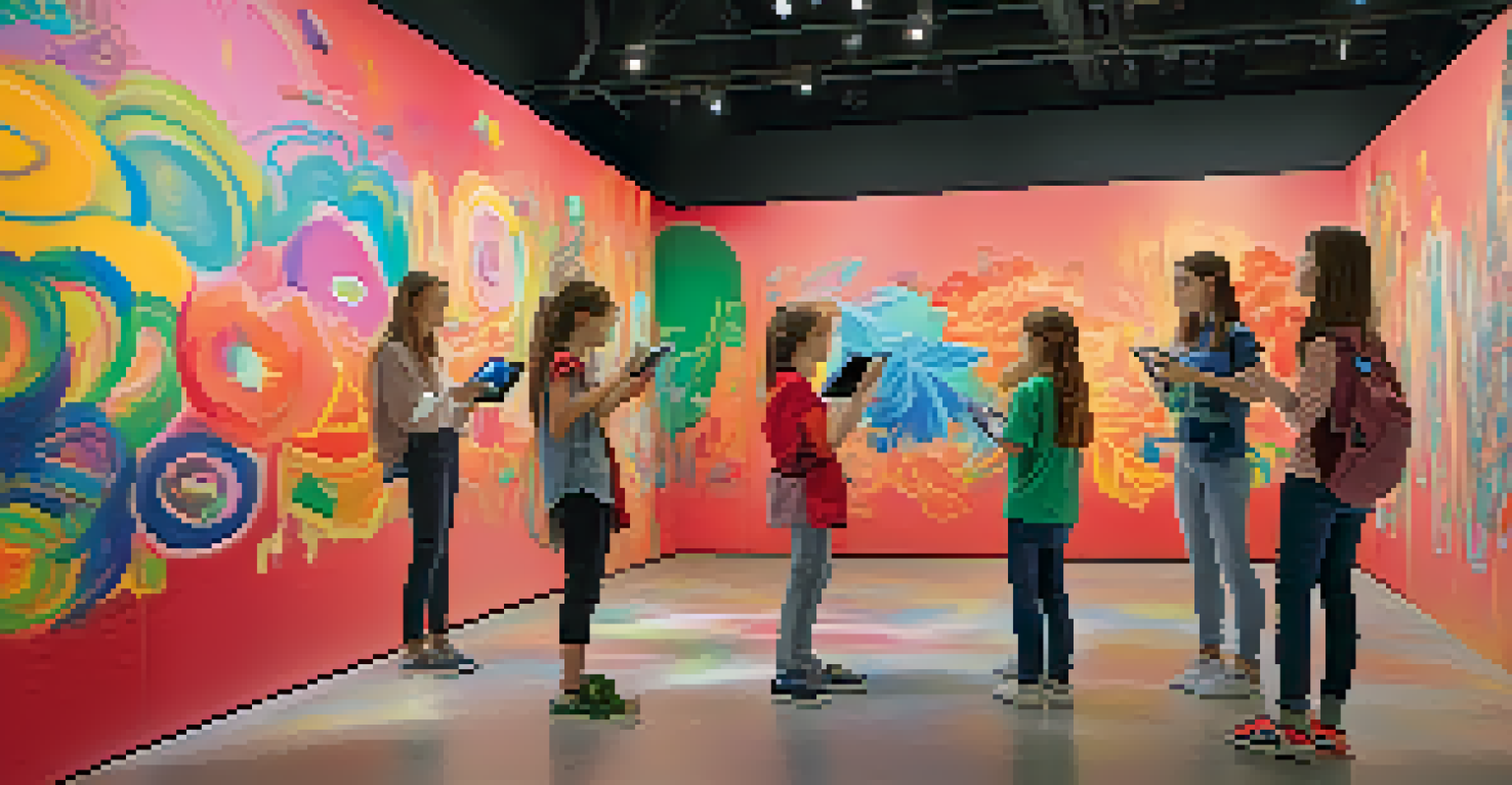Young students interacting with a colorful mural using augmented reality devices in a museum.