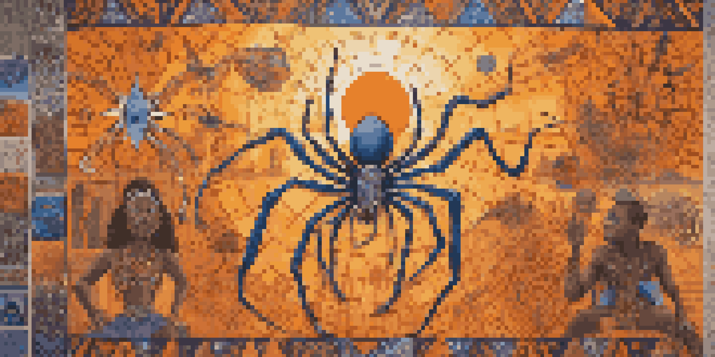 A colorful mural of Anansi the Spider surrounded by traditional West African motifs, illuminated by a warm sunset.