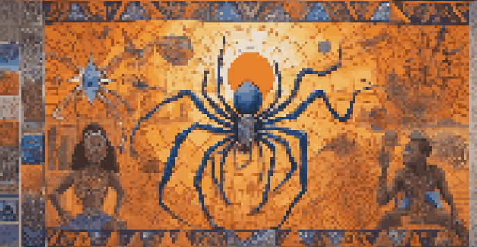 A colorful mural of Anansi the Spider surrounded by traditional West African motifs, illuminated by a warm sunset.