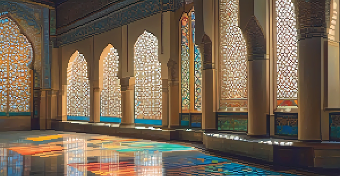 An interior view of a mosque with intricate geometric patterns and beautiful calligraphy, illuminated by golden light from stained glass windows.