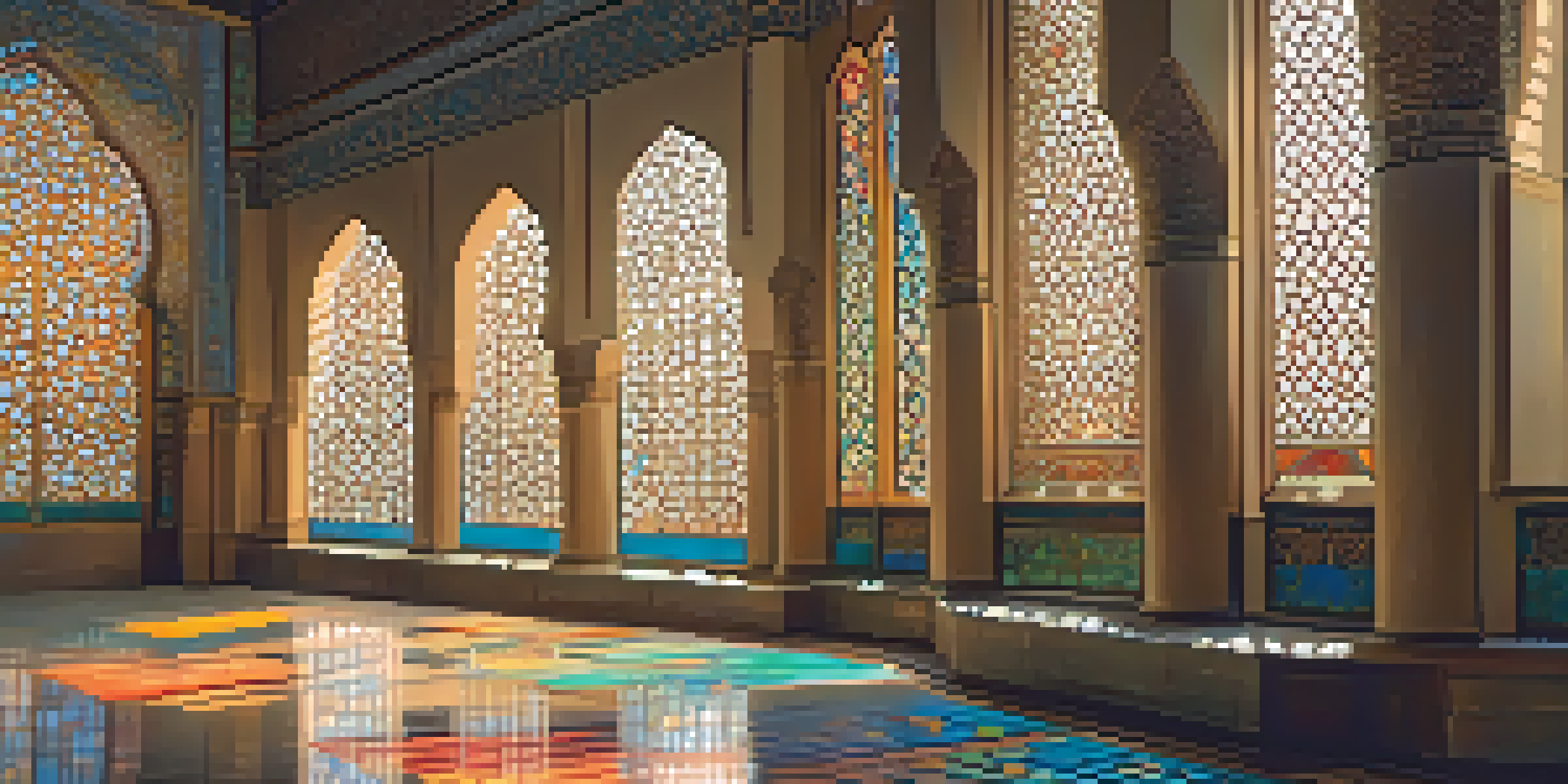 An interior view of a mosque with intricate geometric patterns and beautiful calligraphy, illuminated by golden light from stained glass windows.