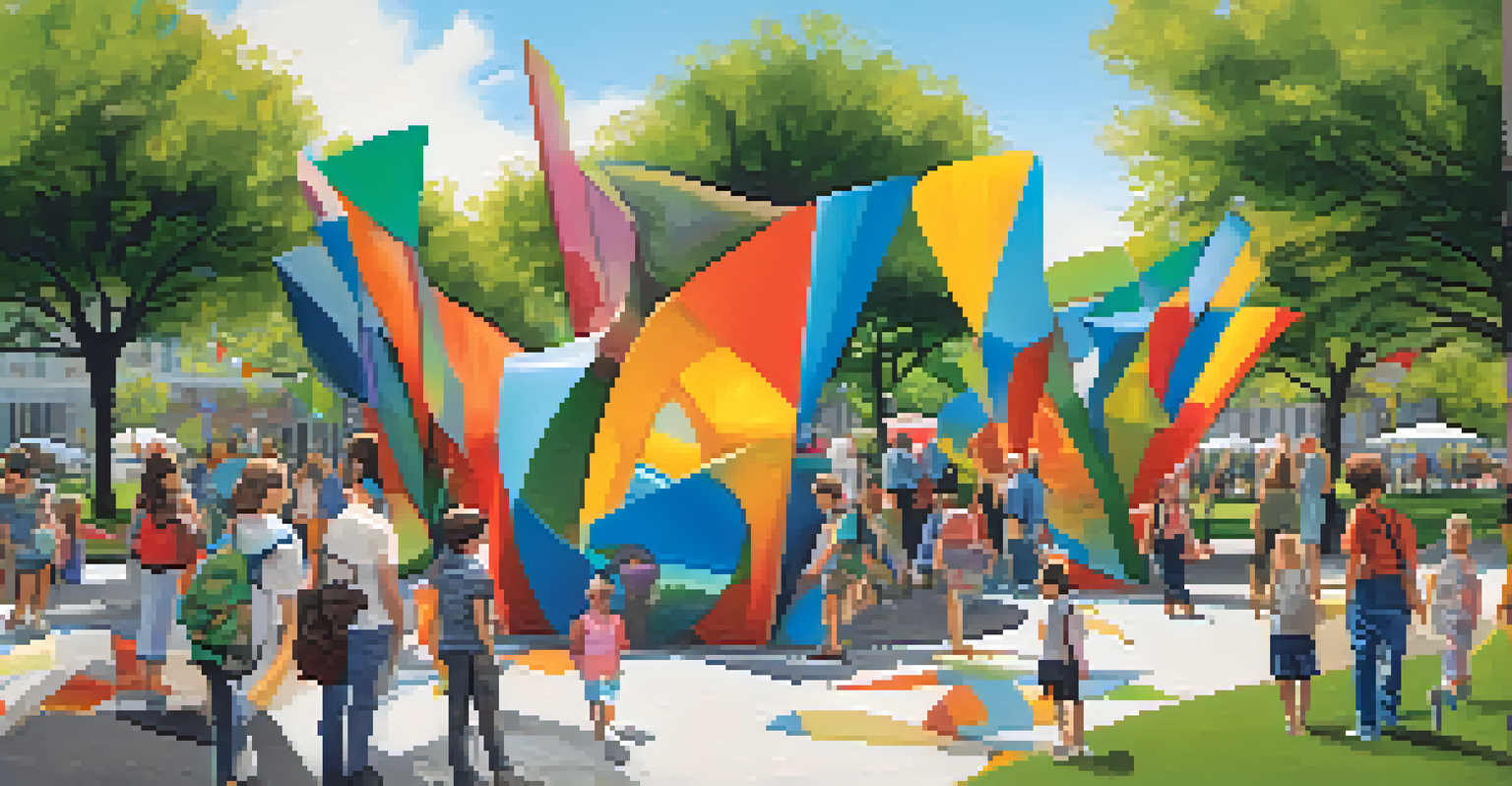 A large recycled material sculpture in a lively park, with families enjoying the space and colorful banners around.