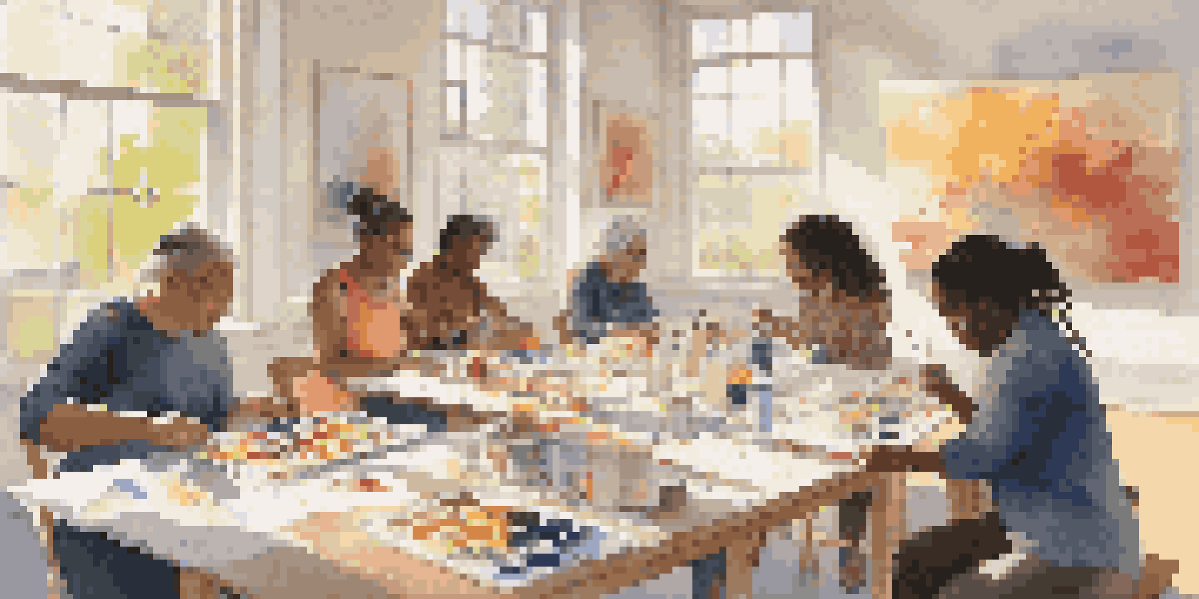 A diverse group of individuals participating in an art therapy session, painting in a bright and colorful room filled with natural light.