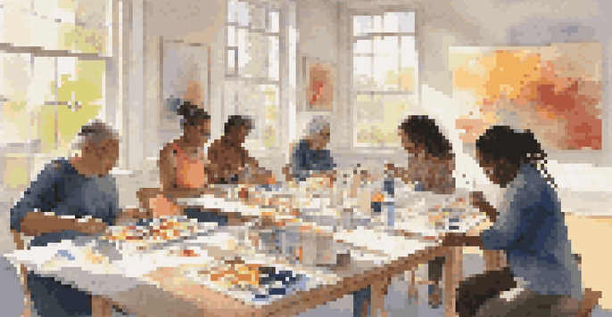 A diverse group of individuals participating in an art therapy session, painting in a bright and colorful room filled with natural light.