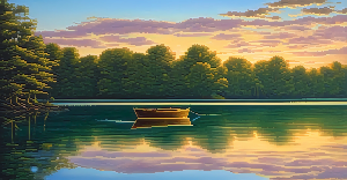 A peaceful lake scene with green trees, a wooden boat, and a colorful sunset sky.