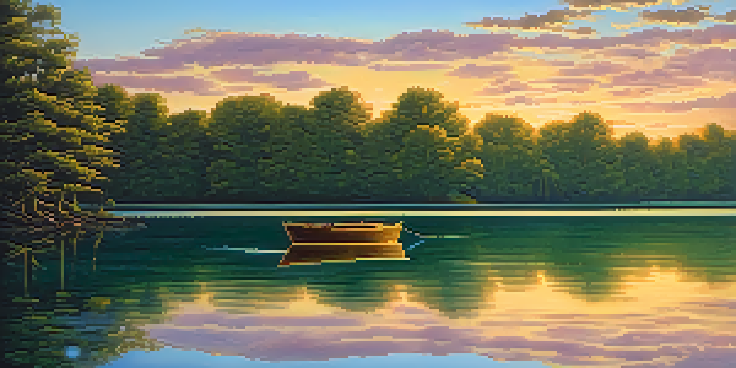A peaceful lake scene with green trees, a wooden boat, and a colorful sunset sky.