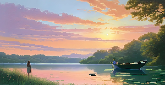 A person painting a sunset over a calm lake, surrounded by green trees, with soft colors reflecting on the water.