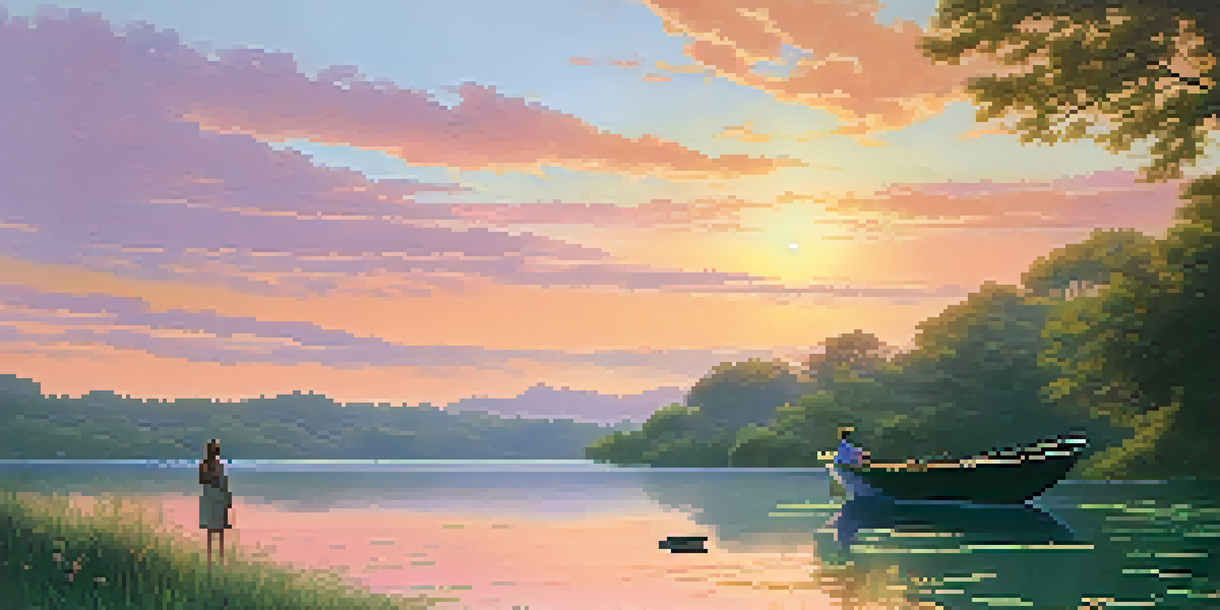 A person painting a sunset over a calm lake, surrounded by green trees, with soft colors reflecting on the water.