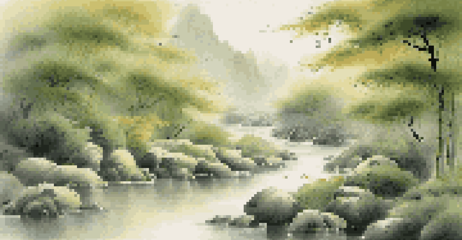 A calligraphy scroll with intricate characters displayed in a peaceful Chinese landscape with bamboo.