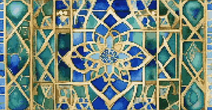 Close-up of intricate Islamic geometric patterns in vibrant blues and greens on a tiled surface, reflecting light beautifully.