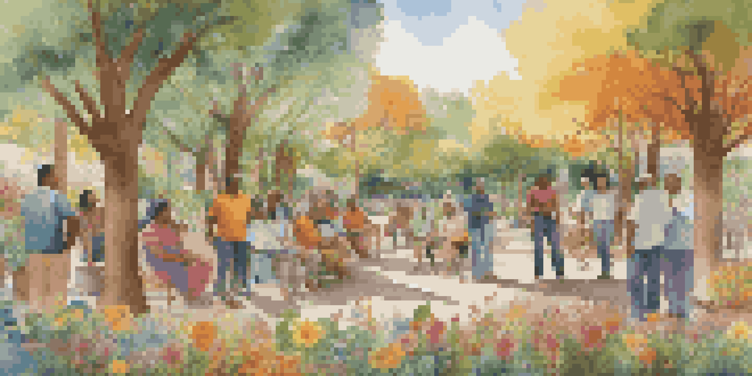 A colorful mural showing diverse community members talking, surrounded by flowers and trees under soft sunlight.