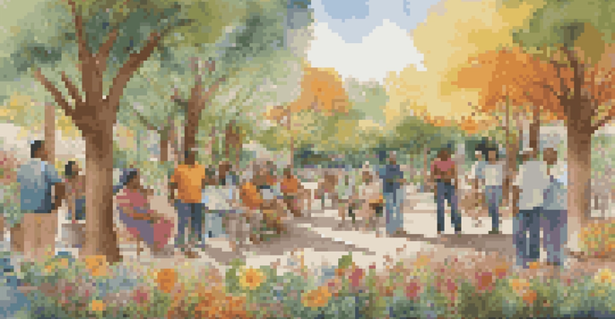 A colorful mural showing diverse community members talking, surrounded by flowers and trees under soft sunlight.