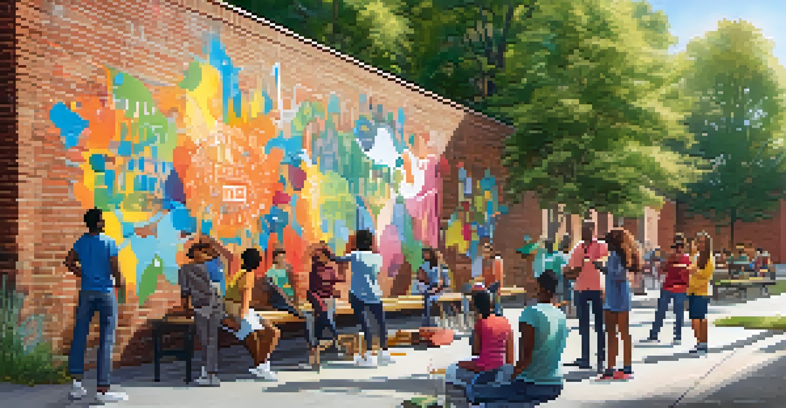 A group of diverse individuals working together on a colorful mural, expressing creativity and community spirit.