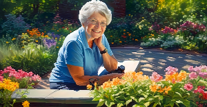 A senior woman in a garden, smiling while taking a photo with a camera, surrounded by colorful flowers and warm sunlight.