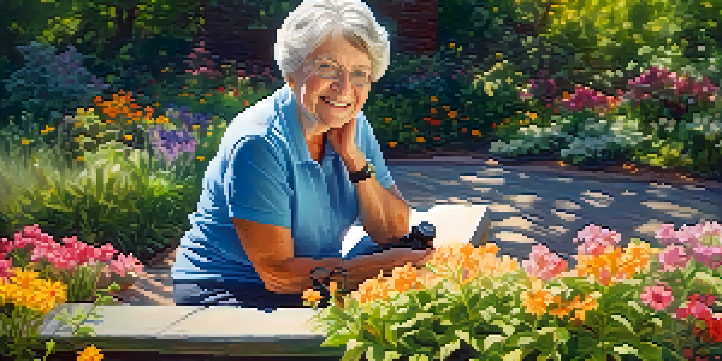 A senior woman in a garden, smiling while taking a photo with a camera, surrounded by colorful flowers and warm sunlight.