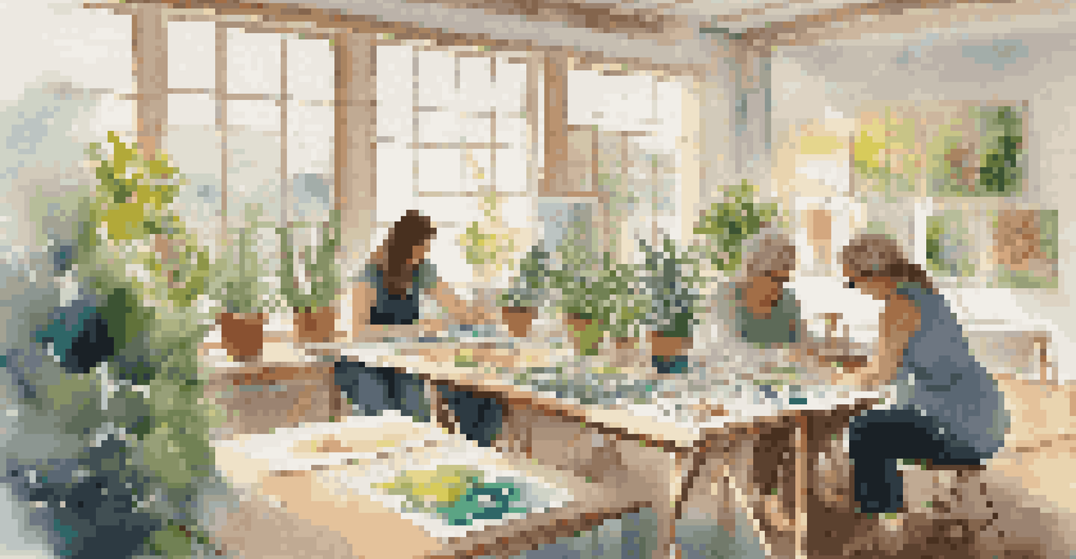 A calm art therapy session with individuals painting in a serene studio filled with natural light and greenery.