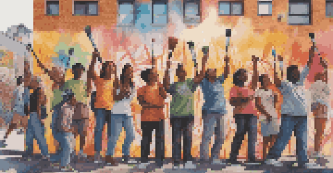 A colorful mural showing diverse young activists with paintbrushes in an urban setting, surrounded by graffiti art representing social justice.