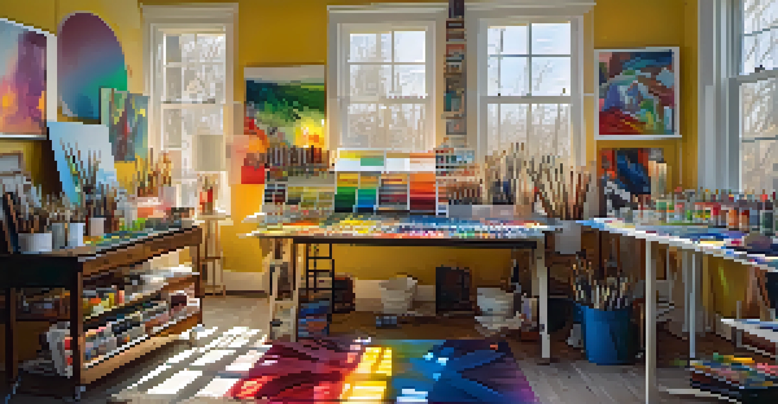 An artist's studio featuring colorful art supplies, bright sunlight, and an unfinished abstract painting on an easel.