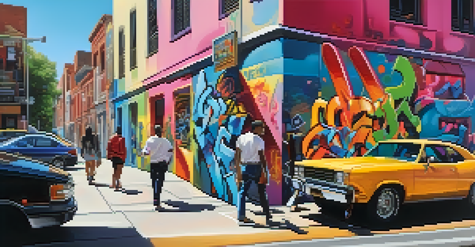 A lively urban scene with colorful graffiti art, featuring fashionable people walking by.