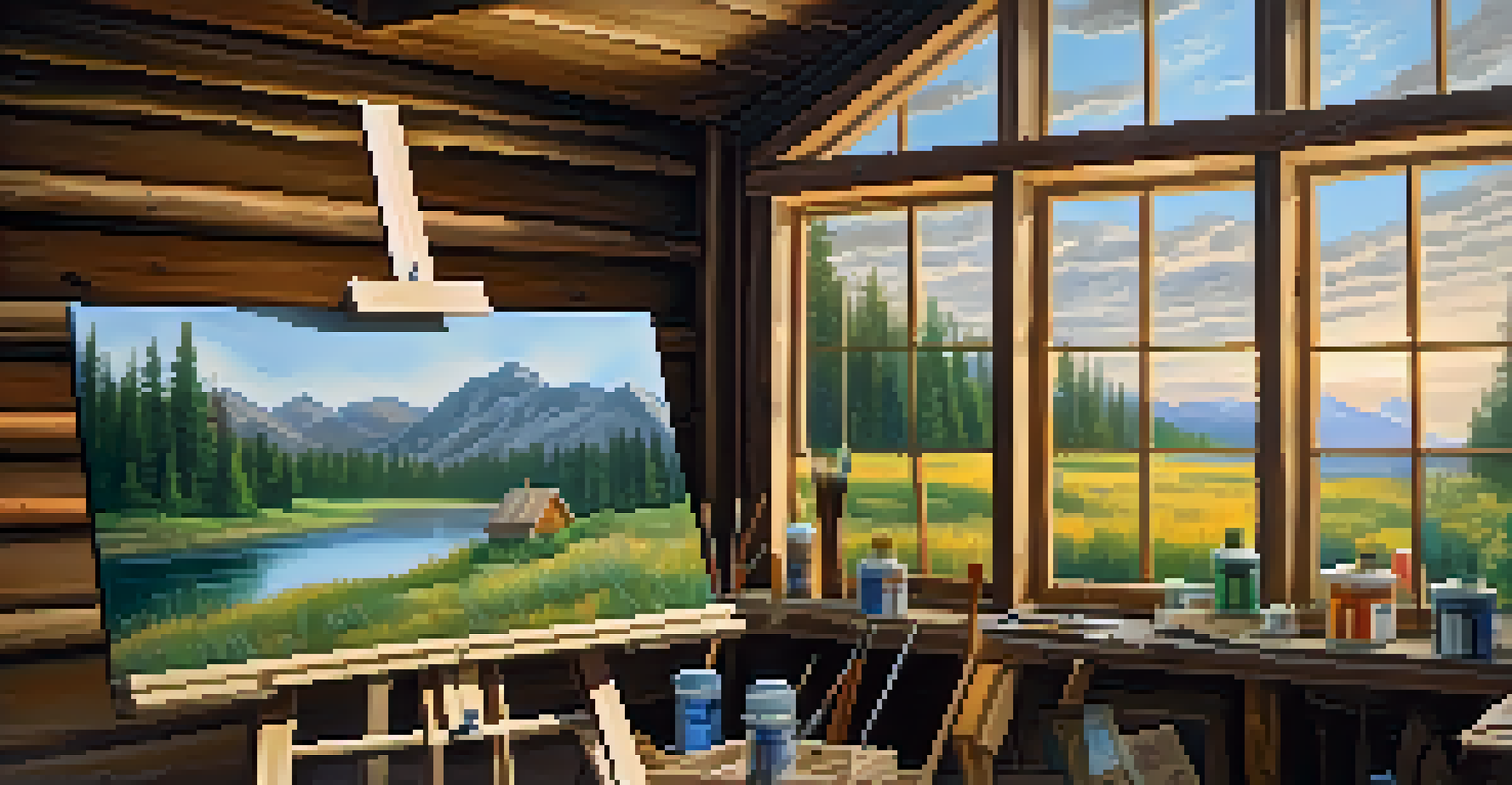An artist painting a serene landscape on an easel inside a rustic cabin.
