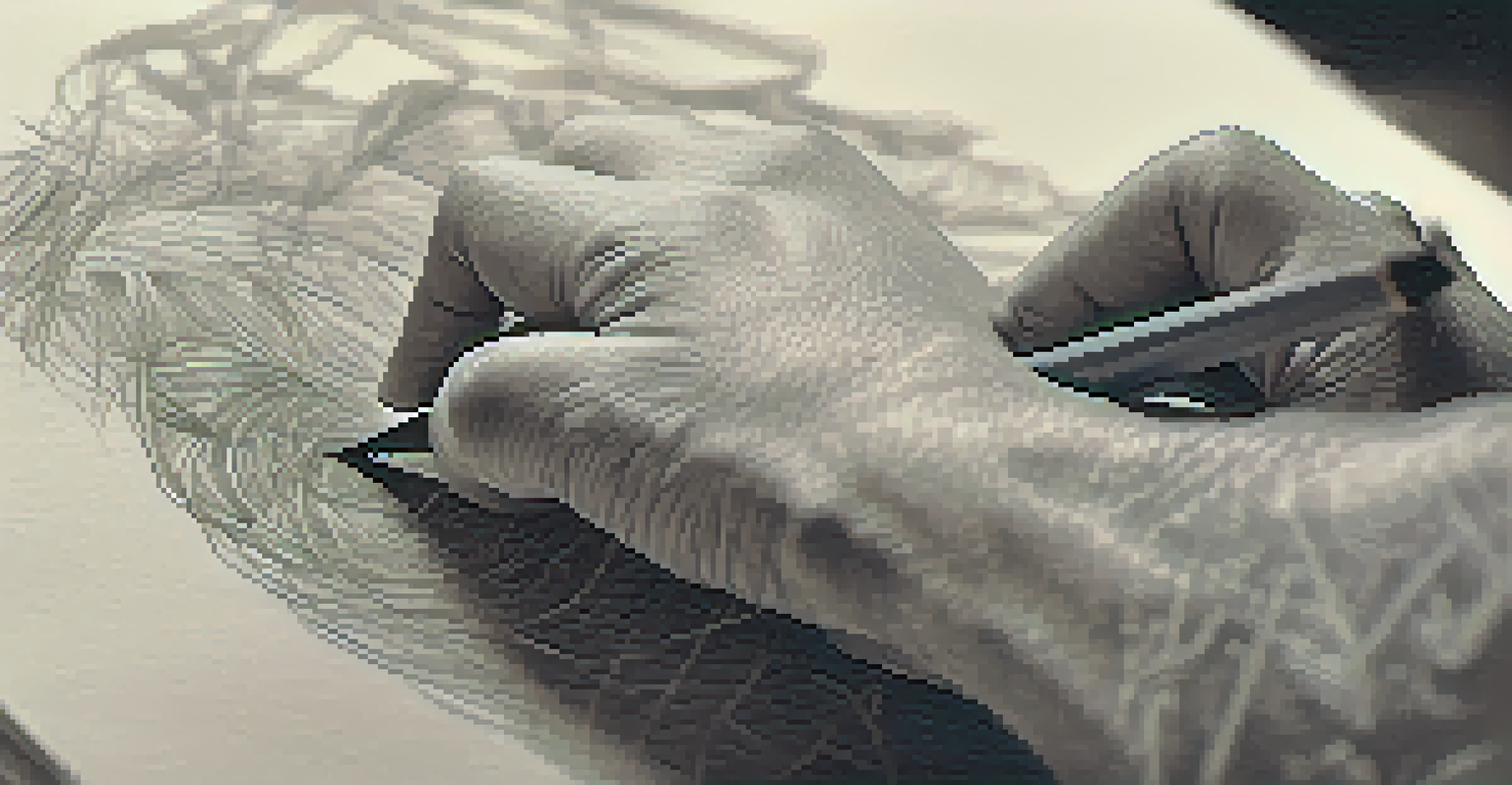An artist's hand sketching a human figure on textured paper with natural light illuminating the scene.