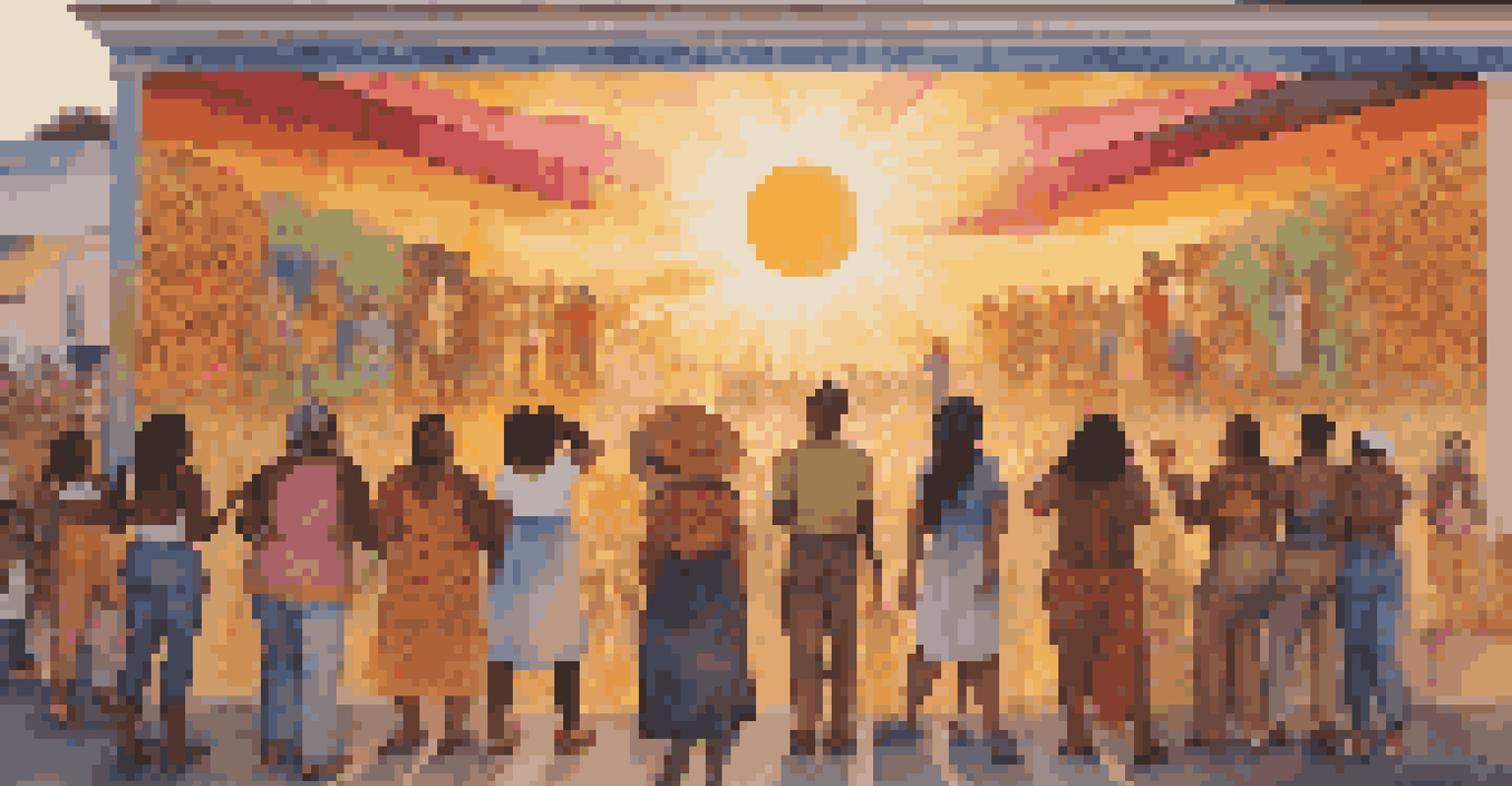 A vibrant mural representing intersectionality at an art festival, with people gathered in front, discussing its themes.