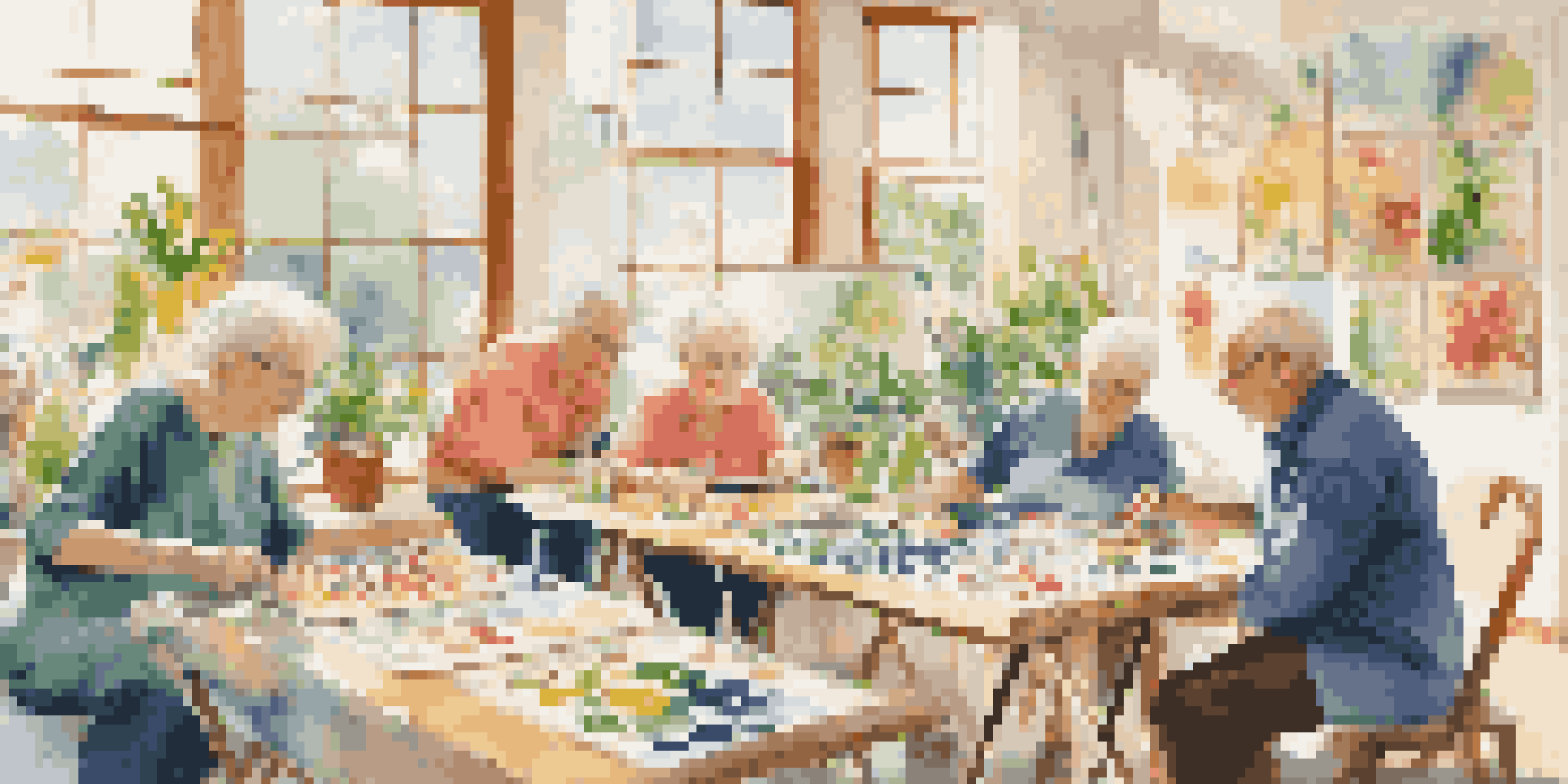 A group of seniors joyfully engaged in a painting session during an art therapy class, with bright sunlight pouring into the room.