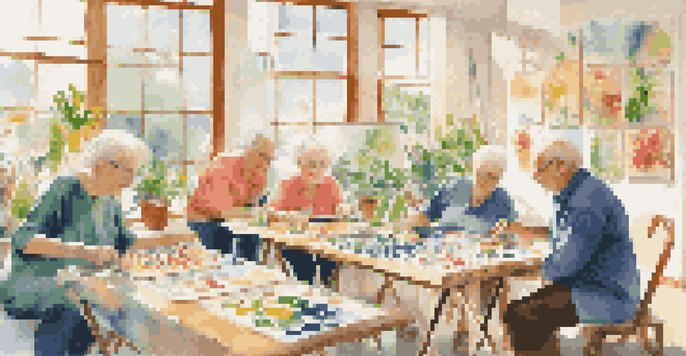 A group of seniors joyfully engaged in a painting session during an art therapy class, with bright sunlight pouring into the room.