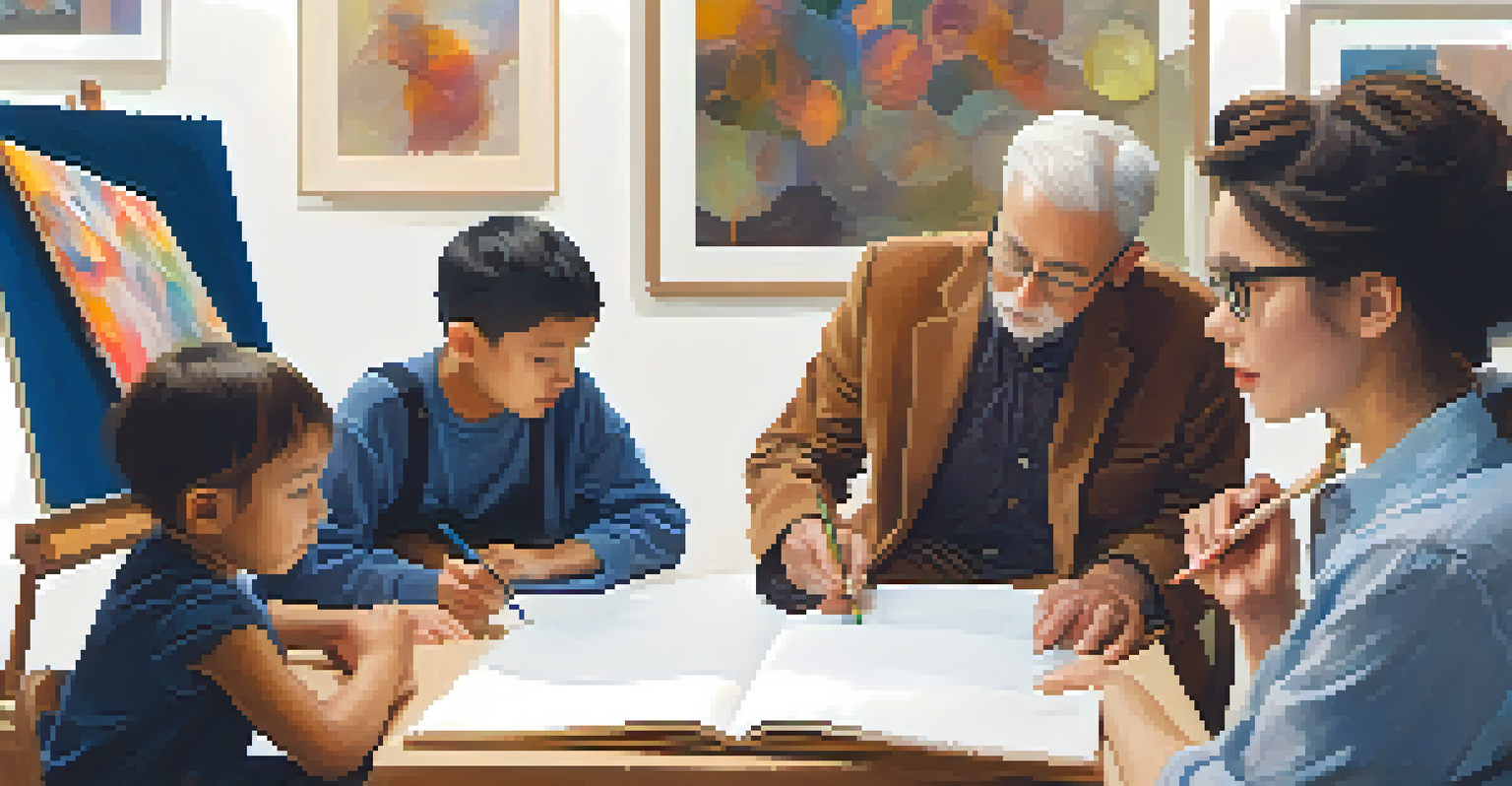 A cozy gallery with a group of diverse individuals discussing an abstract painting, showcasing expressions of curiosity and engagement.