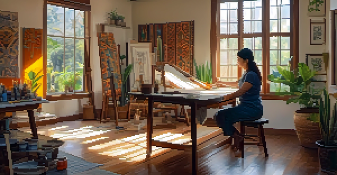 An artist painting in a brightly lit studio, surrounded by traditional patterns and art supplies.
