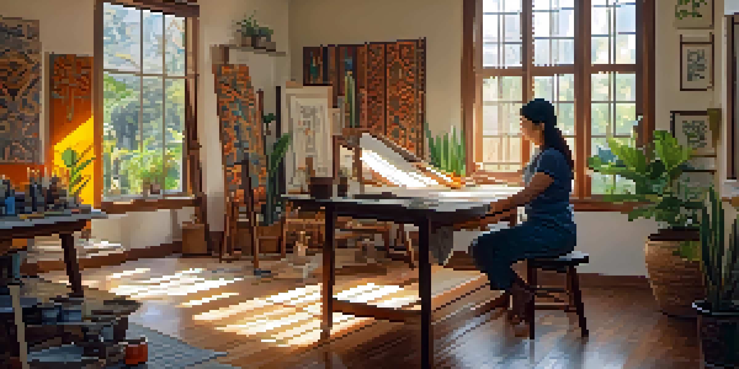An artist painting in a brightly lit studio, surrounded by traditional patterns and art supplies.