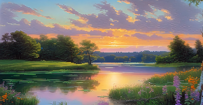 A peaceful landscape featuring a lake at sunset, with colorful reflections and blooming wildflowers in the foreground.