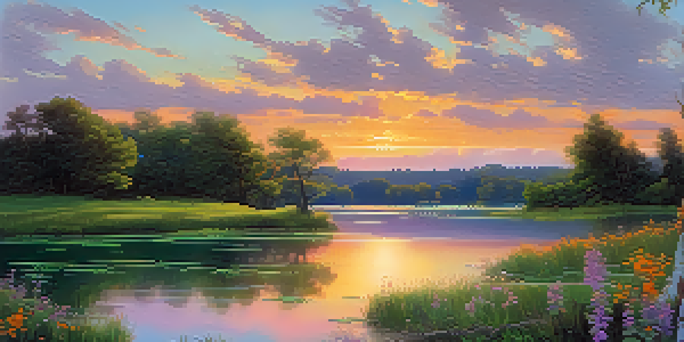 A peaceful landscape featuring a lake at sunset, with colorful reflections and blooming wildflowers in the foreground.