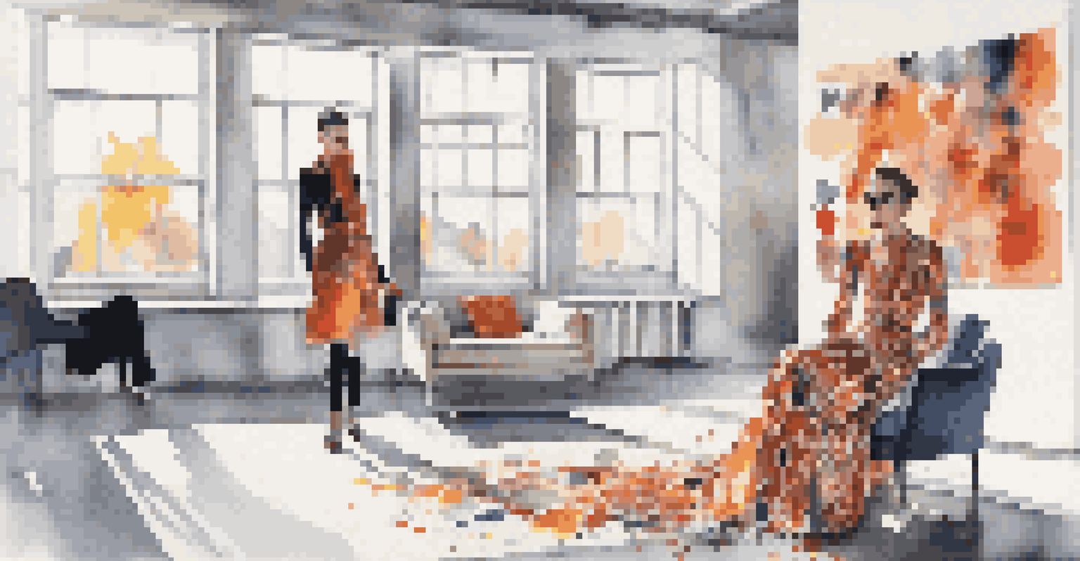 A modern studio displaying an avant-garde outfit with abstract patterns, surrounded by art supplies and natural light.