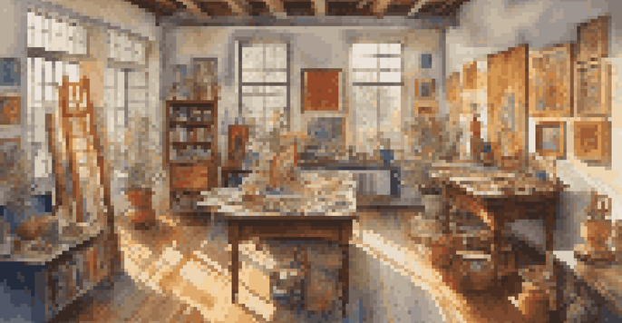 An art studio with a variety of colorful paintings and sculptures representing different cultures, illuminated by sunlight.