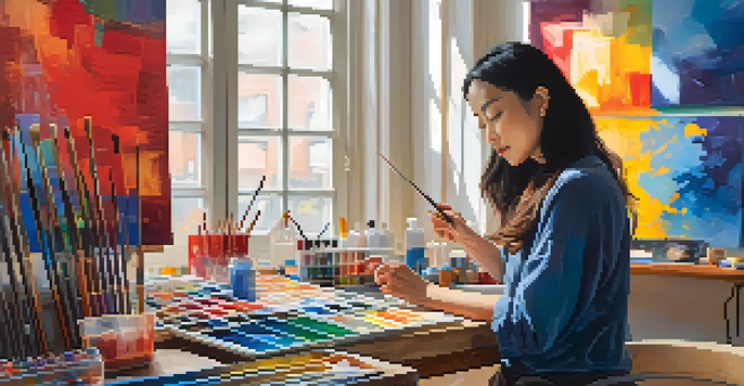 A woman of Asian descent painting a self-portrait in a vibrant art studio filled with colorful canvases and art supplies.