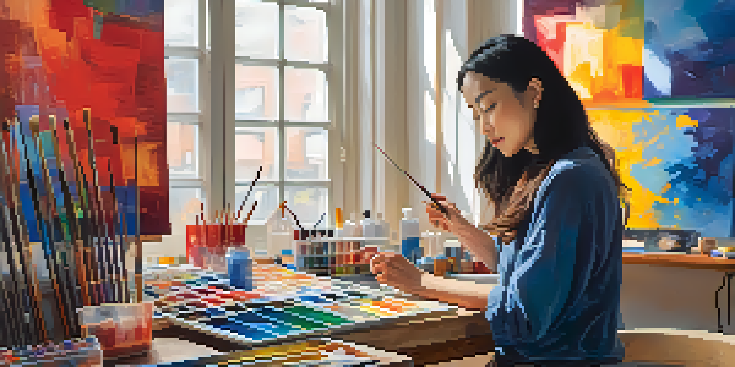 A woman of Asian descent painting a self-portrait in a vibrant art studio filled with colorful canvases and art supplies.