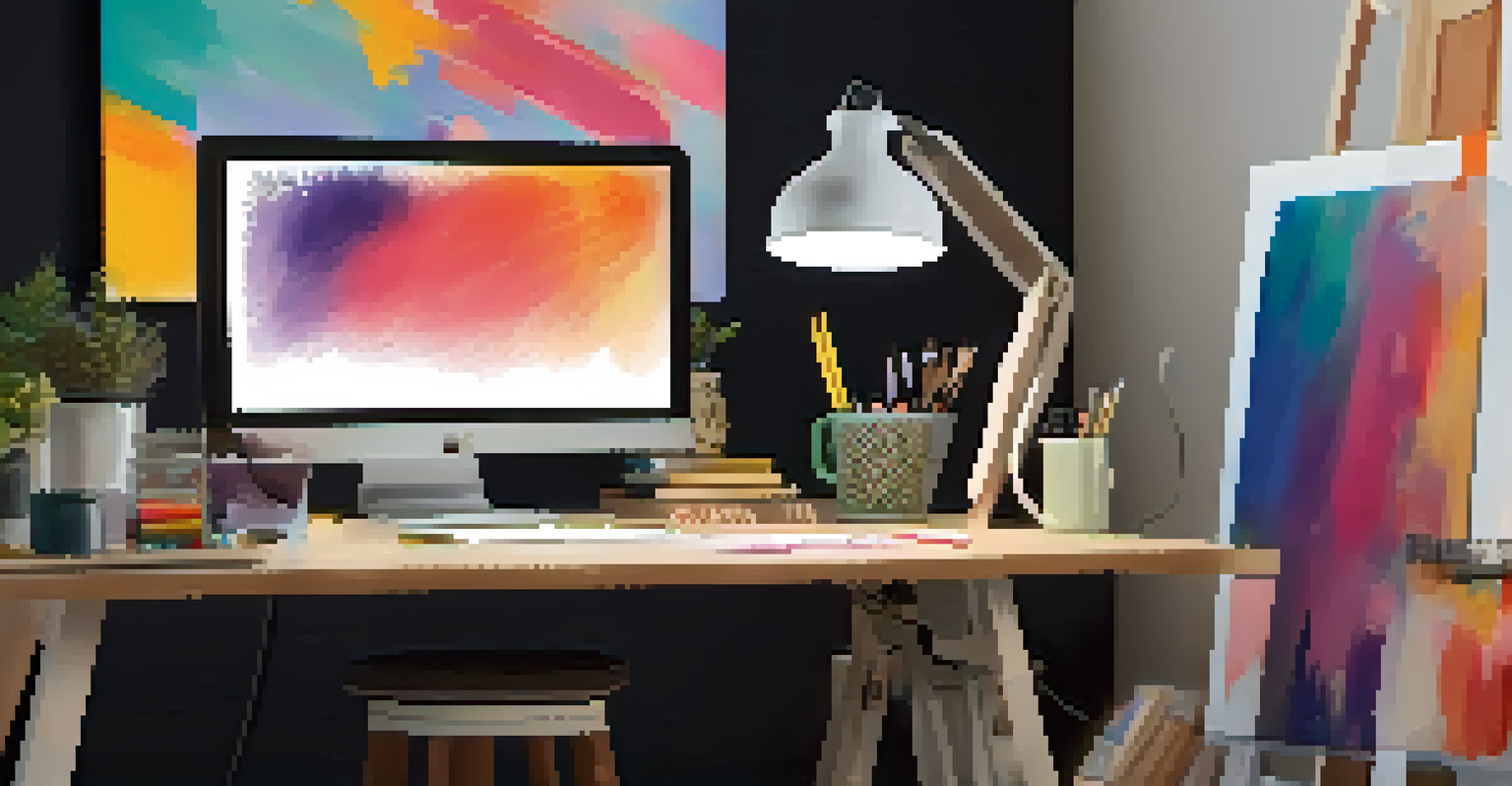 An artist's workspace with a digital tablet and colorful designs, surrounded by abstract art and a palette.