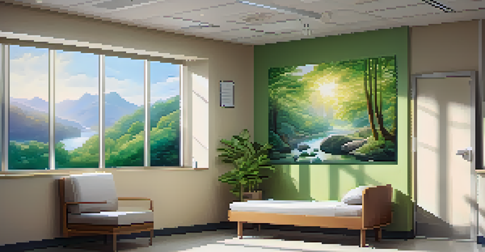 A hospital room with a calming mural and a patient sitting in a chair, illuminated by natural light.