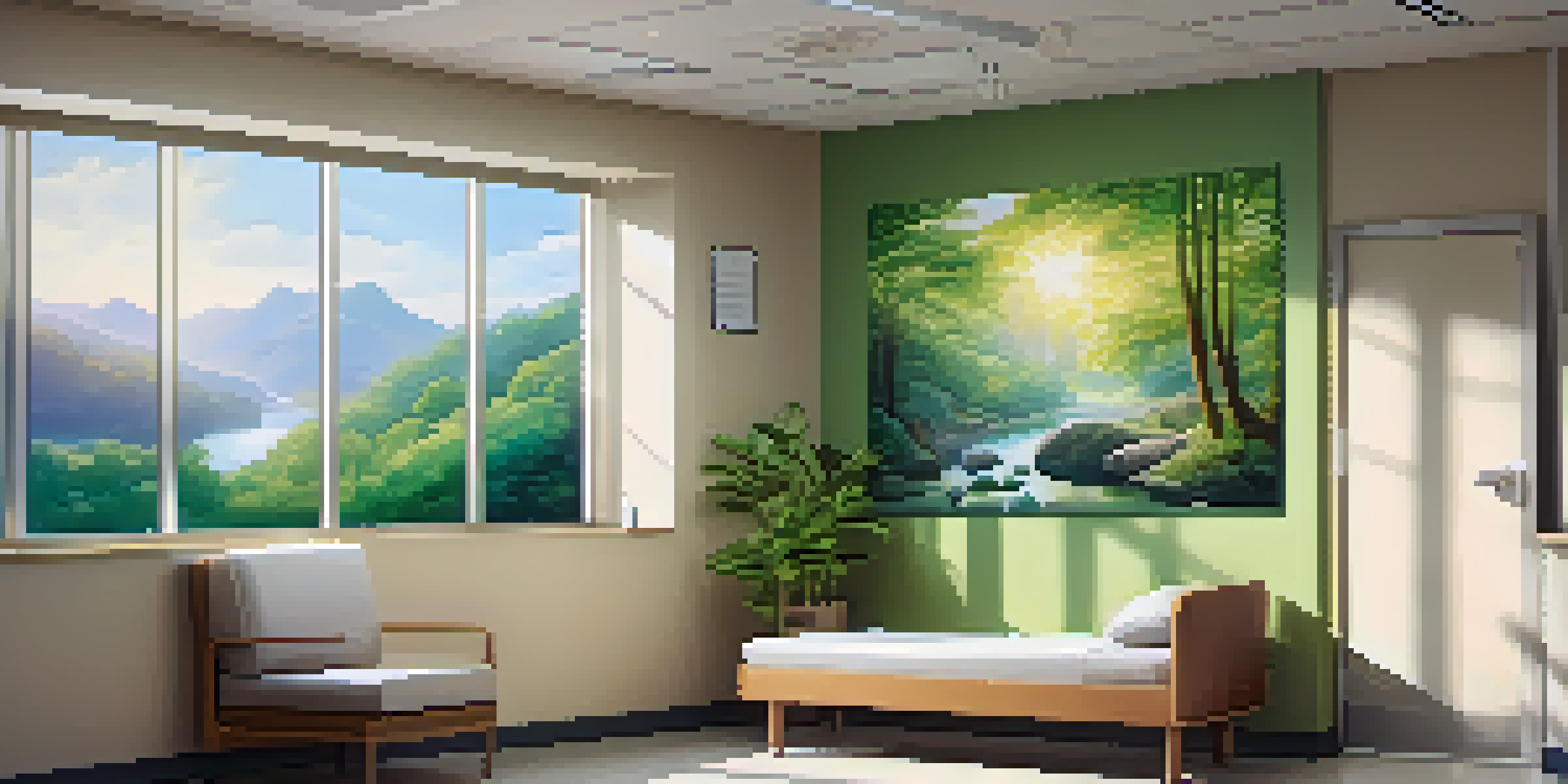 A hospital room with a calming mural and a patient sitting in a chair, illuminated by natural light.