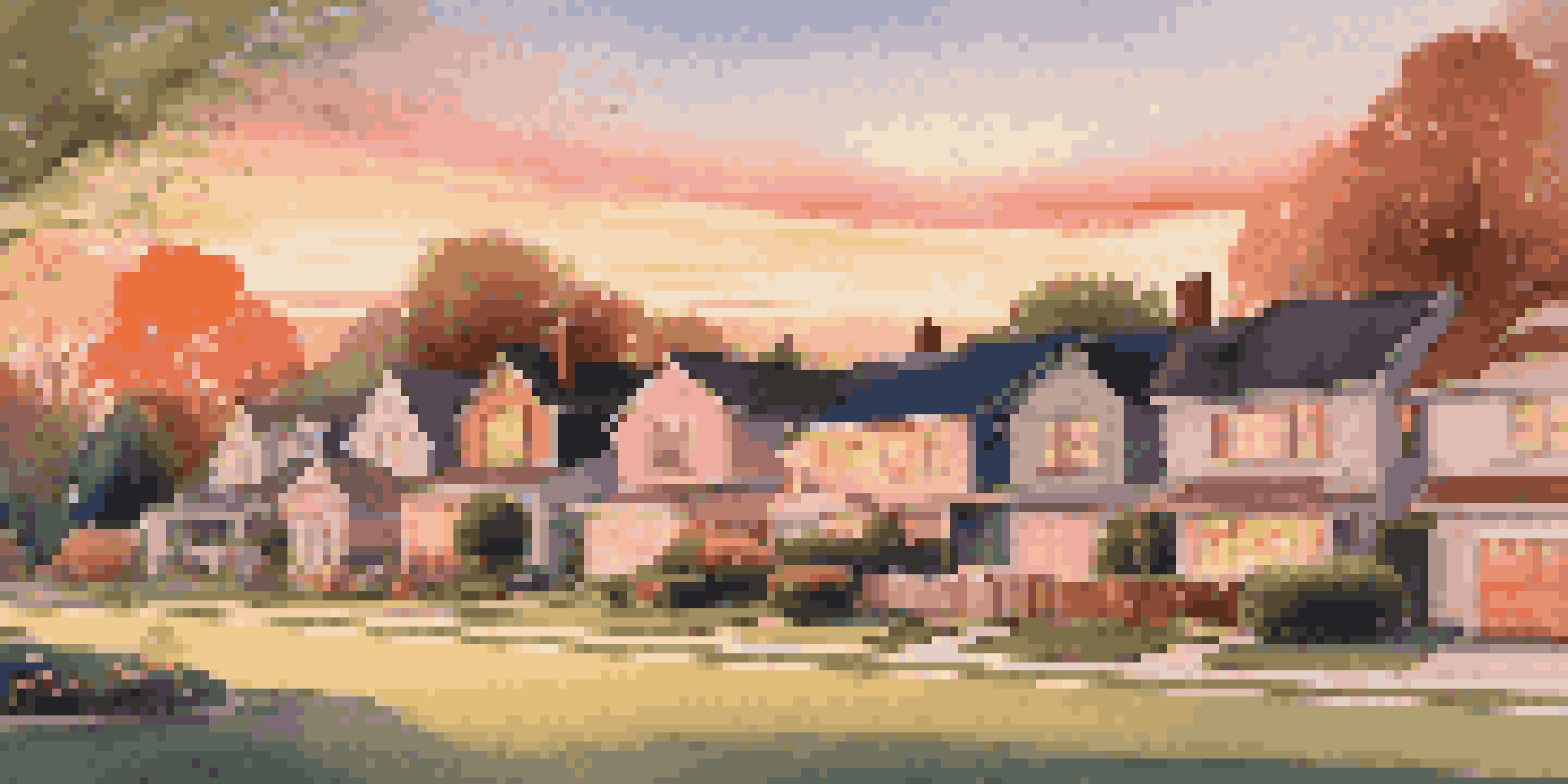 A peaceful suburban neighborhood during sunset with a family enjoying a barbecue in their backyard.
