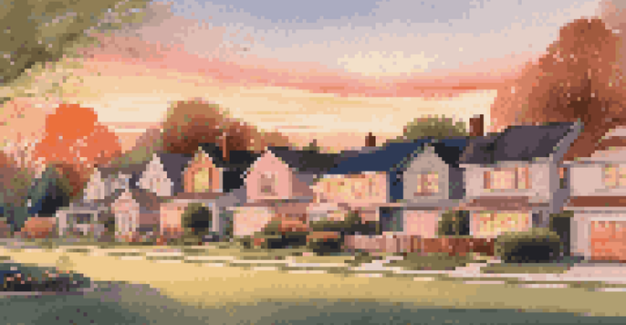 A peaceful suburban neighborhood during sunset with a family enjoying a barbecue in their backyard.