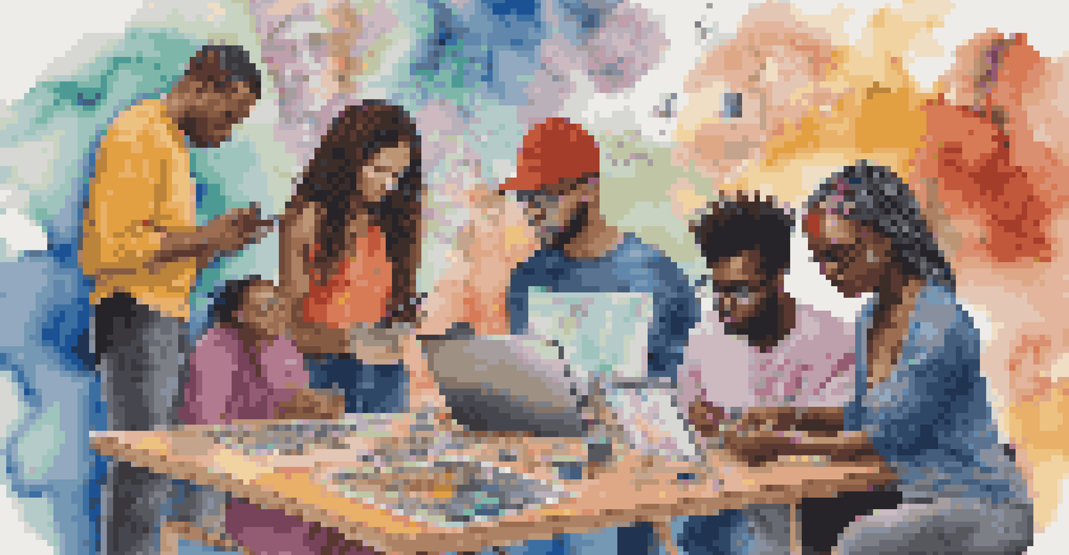 A collage of diverse individuals creating digital art, surrounded by colorful designs that promote mental health awareness.