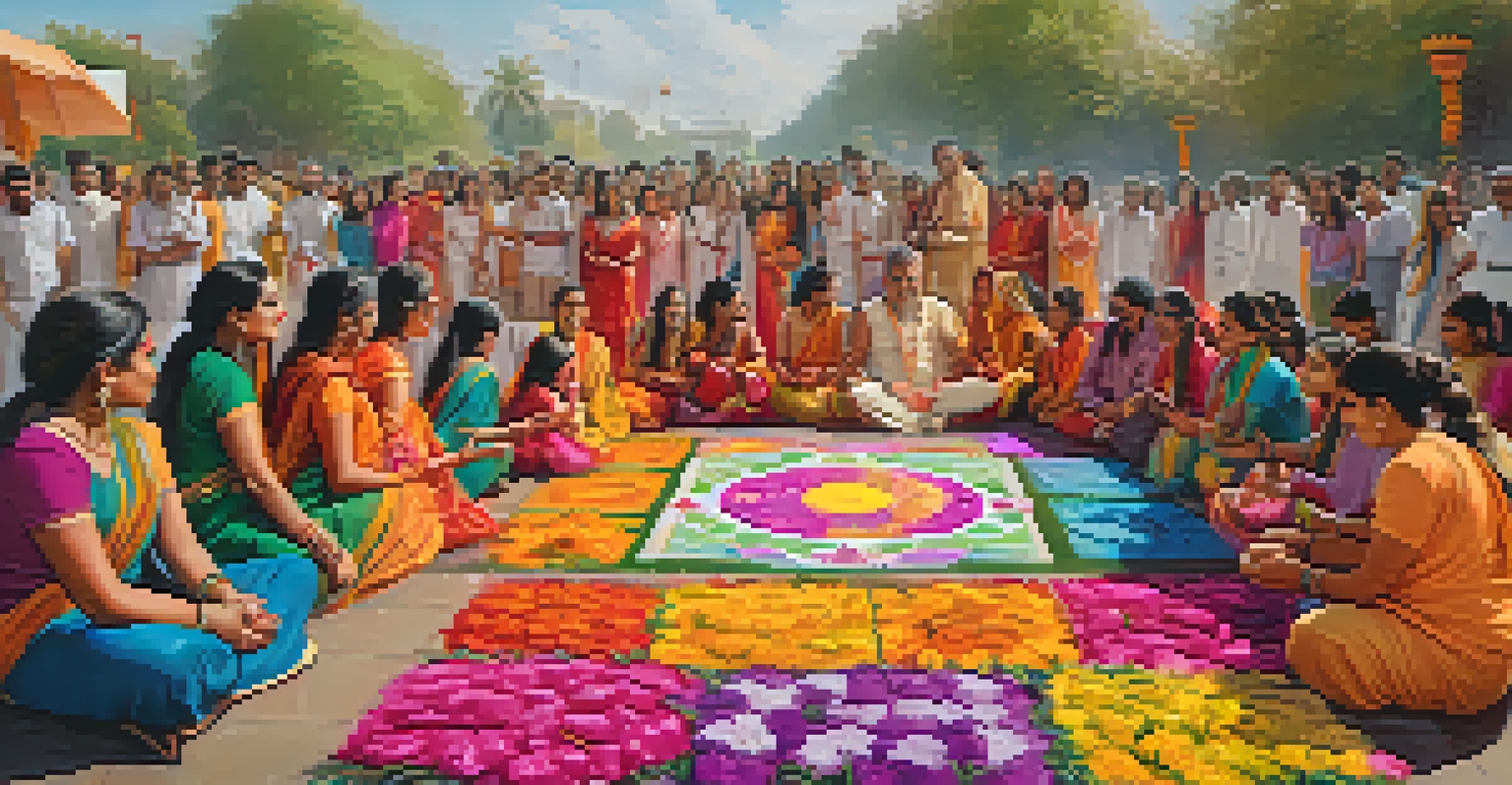 A vibrant Hindu festival with participants creating rangoli designs and colorful decorations.
